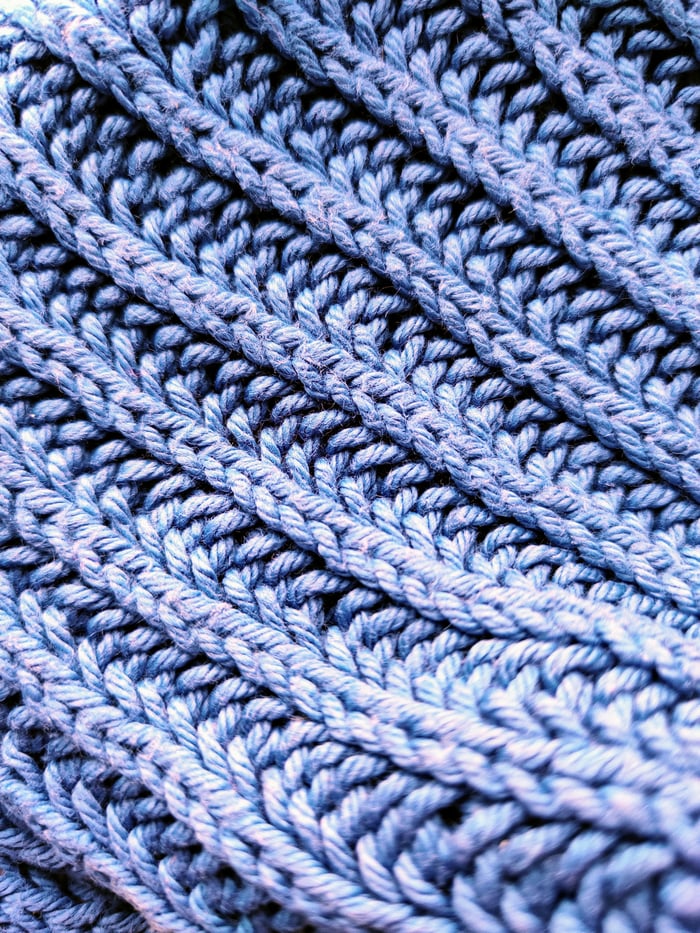 Detailed close-up of a blue knitted wool pattern, showcasing texture and craftsmanship.